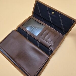 Amity Cowhide Leather Wallet Checkbook Brown Embossed Coin Purse Flap Snap